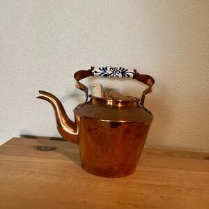 Vintage Copper Teapot with Blue Floral Porcelain Handle